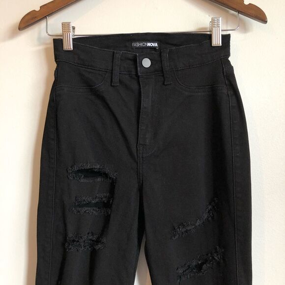Fashion Nova Distressed High Waist Skinny Leg Jeggings Denim Jeans Black - Picture 3 of 12